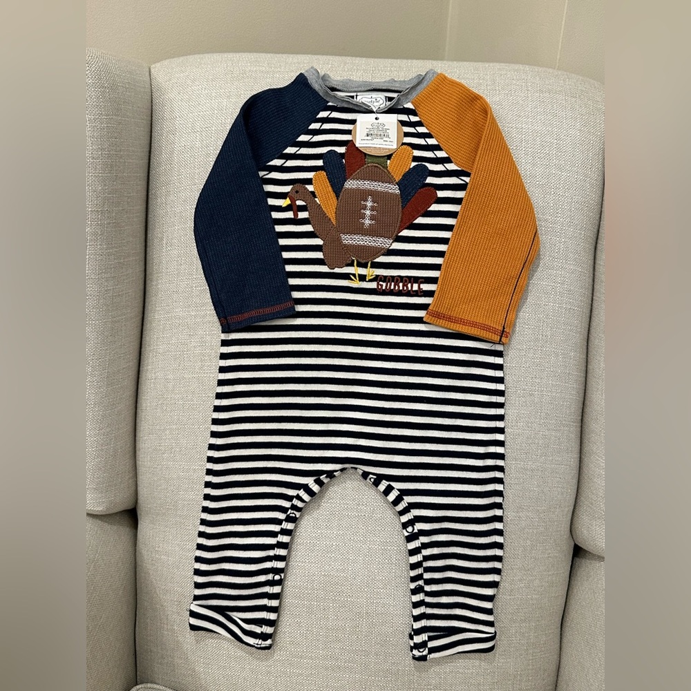 Mud Pie Navy and Orange Turkey Appliqué One Piece